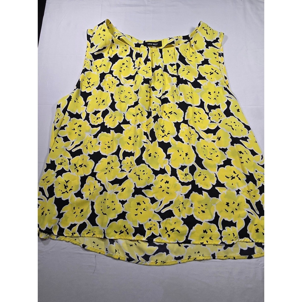 Nine‎ West Womens 2X Yellow Black Floral Sleeveless Pleated Neck Blouse Top